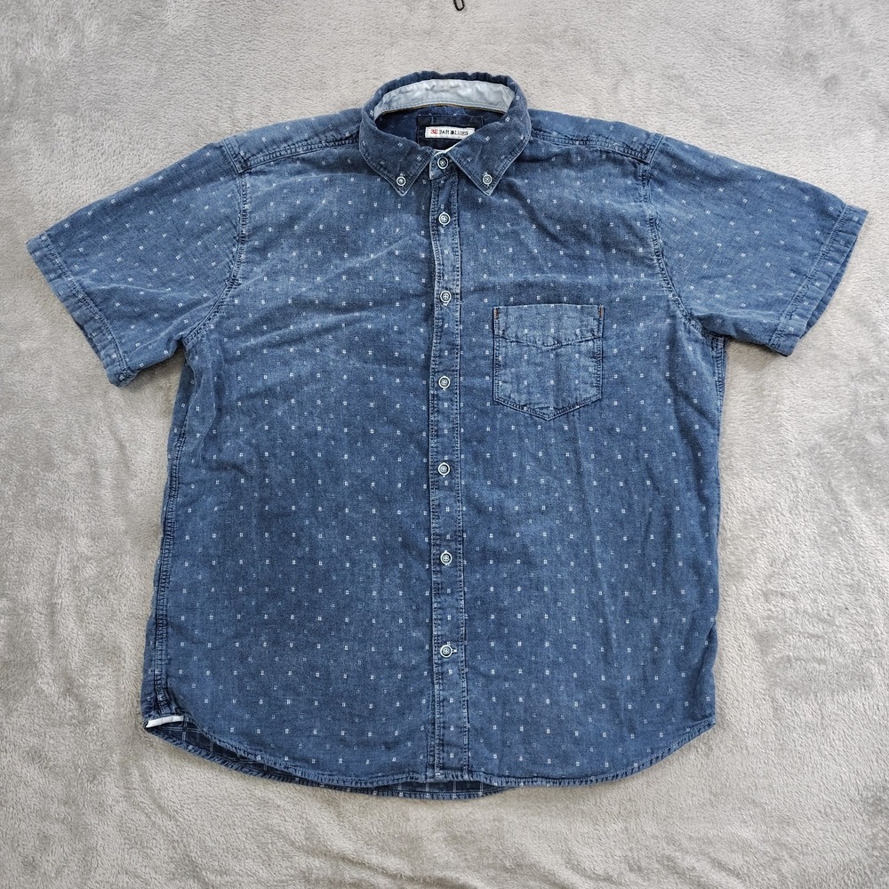 32 Bar Blues Shirt Mens L Blue Short Sleeve Casual Button Down Patterned Cotton?